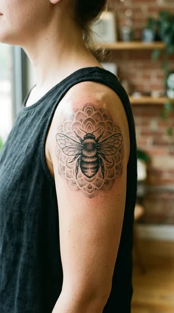 Black and grey dotwork bee tattoo on a woman's shoulder