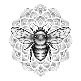 Black and grey dotwork bee tattoo design, drawn flat for a shoulder tattoo