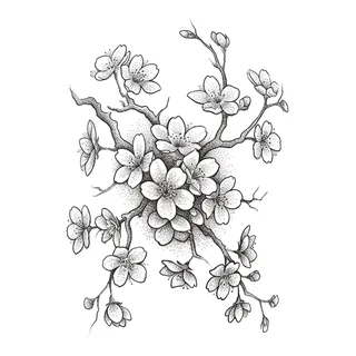 Black and grey dotwork cherry blossom tattoo design, drawn flat for a shoulder tattoo