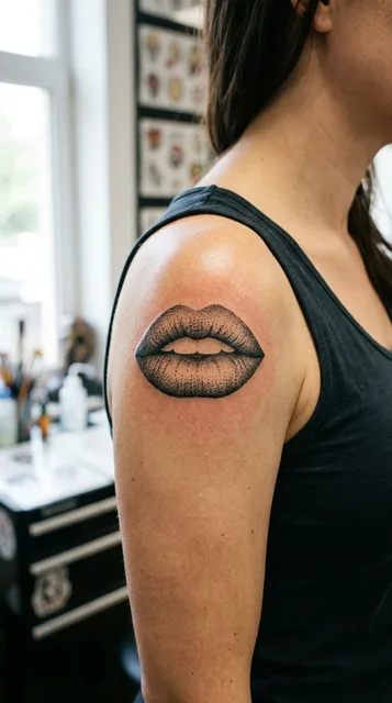 Black and grey dotwork lips tattoo on a woman's shoulder