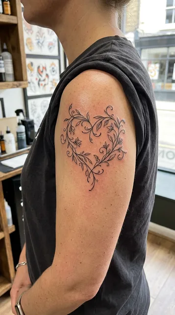 Black and white fine line heart tattoo on a woman's shoulder