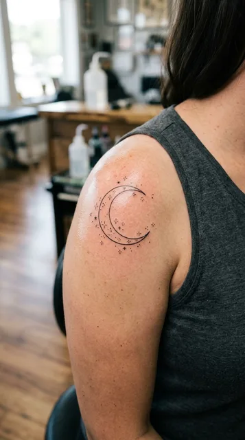 Black and white fine line moon tattoo on a woman's shoulder