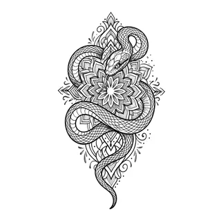 Black and grey ornamental snake tattoo design, drawn flat for a shoulder tattoo