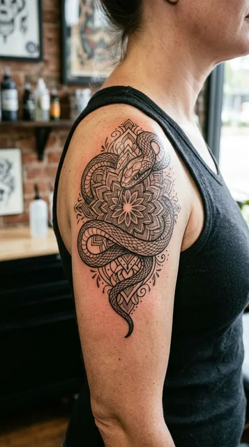 Black and grey ornamental snake tattoo on a woman's shoulder