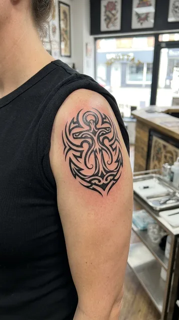 Black and white tribal anchor tattoo on a woman's shoulder