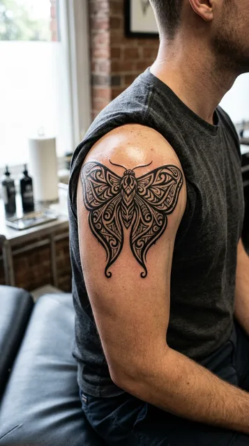 Black and white tribal butterfly tattoo on a man's shoulder
