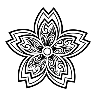 Black and white tribal cherry blossom tattoo design, drawn flat for a shoulder tattoo