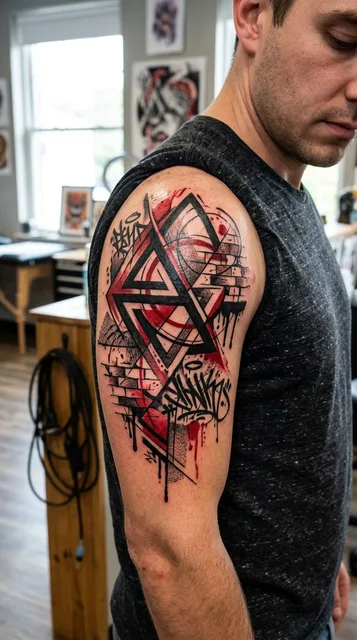 Color geometric ornament tattoo on a man's shoulder