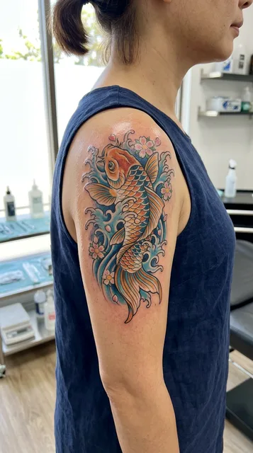 Color Japanese koi fish tattoo on a woman's shoulder
