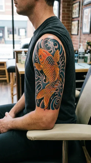 Color Japanese koi fish tattoo on a man's shoulder