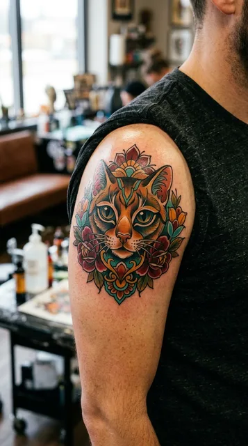 Color neo traditional cat tattoo on a man's shoulder