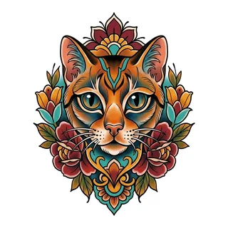 Color neo traditional cat tattoo design, drawn flat for a shoulder tattoo
