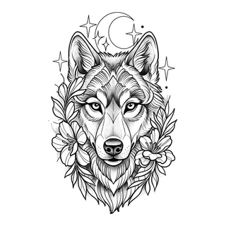 Color neo traditional wolf tattoo design, drawn flat for a shoulder tattoo