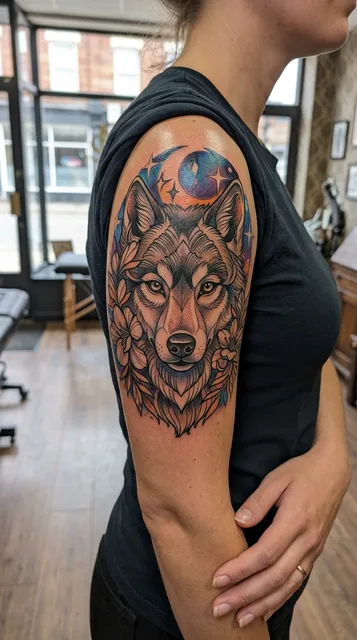 Wolf tattoo on the shoulder