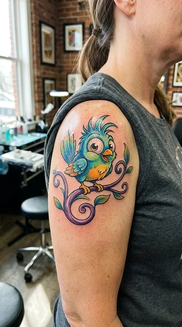 Color new school bird tattoo on a woman's shoulder