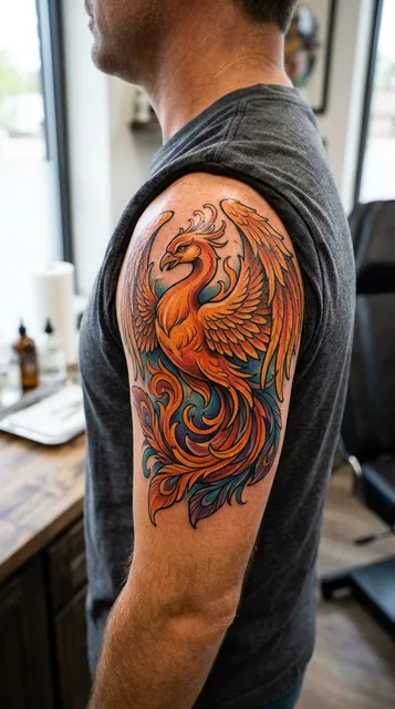 Color new school phoenix tattoo on a man's shoulder