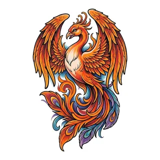 Color new school phoenix tattoo design, drawn flat for a shoulder tattoo