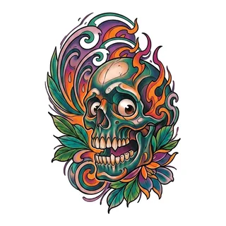 Color new school skull tattoo design, drawn flat for a shoulder tattoo