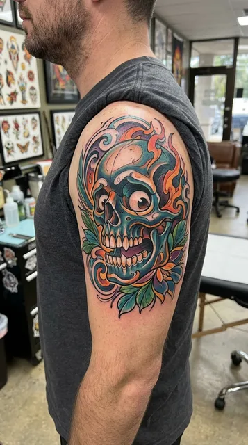 Color new school skull tattoo on a man's shoulder