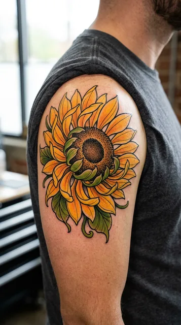 Color new school sunflower tattoo on a man's shoulder