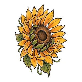Color new school sunflower tattoo design, drawn flat for a shoulder tattoo
