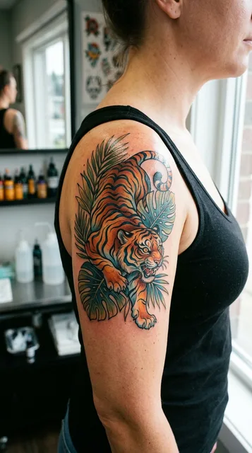 Color new school tiger tattoo on a woman's shoulder