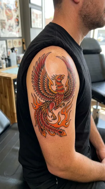 Color traditional phoenix tattoo on a man's shoulder