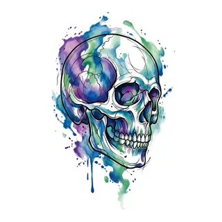 Color watercolor skull tattoo design, drawn flat for a shoulder tattoo