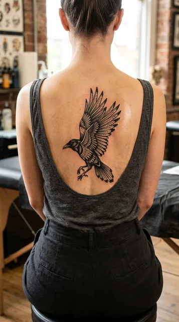 Black and white blackwork raven tattoo on a woman's spine