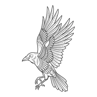 Black and white blackwork raven tattoo design, drawn flat for a spine tattoo