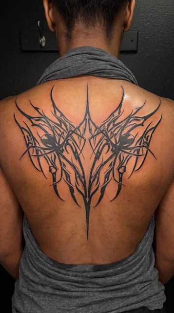 Black and white blackwork spider tattoo on a woman's spine