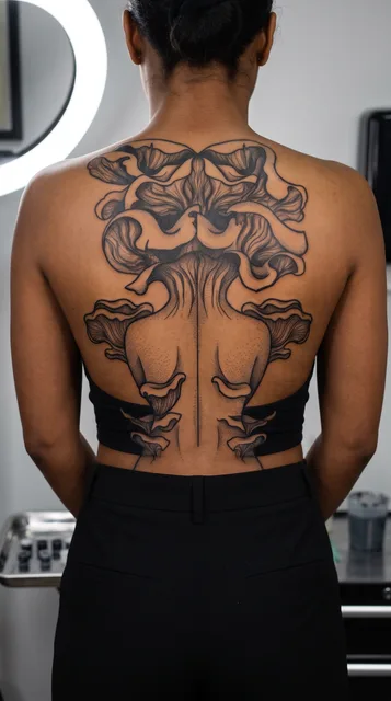Black and grey dotwork mushrooms tattoo on a woman's spine