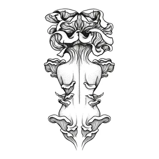 Black and grey dotwork mushrooms tattoo design, drawn flat for a spine tattoo