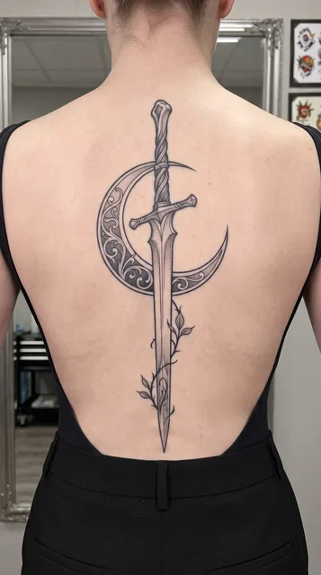 Black and grey dotwork sword tattoo on a woman's spine