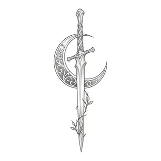 Black and grey dotwork sword tattoo design, drawn flat for a spine tattoo