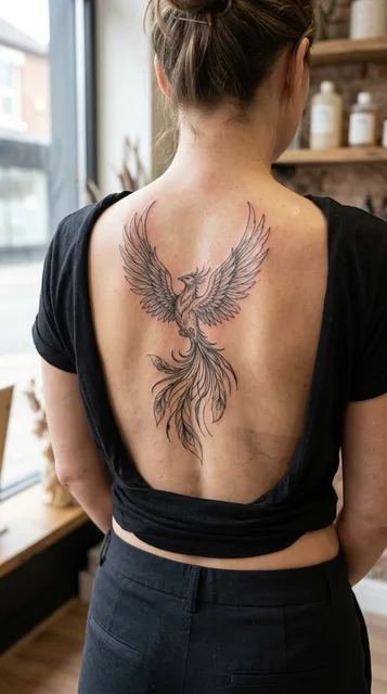 Black and white fine line phoenix tattoo on a woman's spine