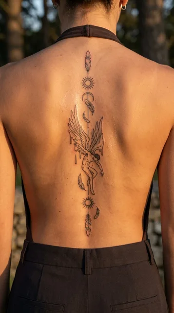 Black and white fine line tattoo on a woman's spine