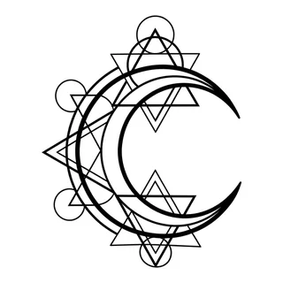 Black and white geometric moon tattoo design, outline stencil for a spine tattoo