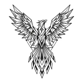 Black and white geometric phoenix tattoo design, outline stencil for a spine tattoo