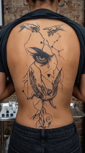 Black and grey illustrative angel tattoo on a woman's spine