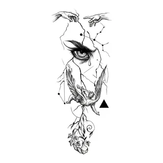 Black and grey illustrative angel tattoo design, drawn flat for a spine tattoo