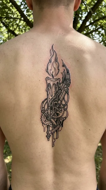 Tattoo mit einer Kerze, Stil: illustrativ, in Schwarz-Grau, an der Wirbelsäule eines Mannes