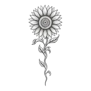 Black and grey illustrative sunflower tattoo design, drawn flat for a spine tattoo