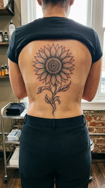 Sunflower tattoo on the spine