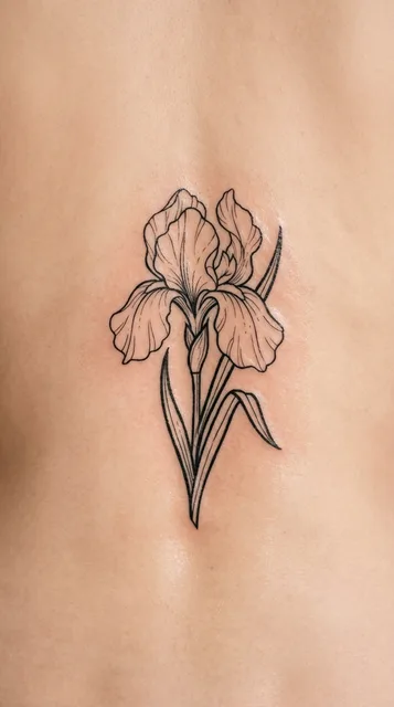 Black and white linework iris tattoo on a woman's spine
