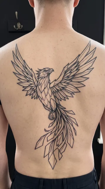 Black and white linework phoenix tattoo on a man's spine
