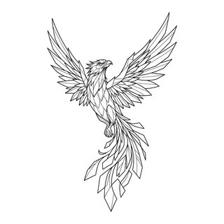Black and white linework phoenix tattoo design, outline stencil for a spine tattoo