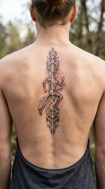 Tattoo mit einem Läufer, Stil: Linework, in Schwarz-Grau, an der Wirbelsäule eines Mannes