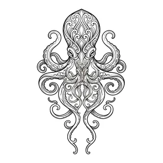 Black and grey ornamental octopus tattoo design, drawn flat for a spine tattoo