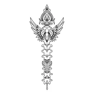 Black and grey ornamental tattoo design, drawn flat for a spine tattoo